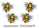 Illustration of four honeybees with black and yellow stripes and detailed wings. Ideal for themes related to nature, insects, beekeeping, pollination, biodiversity, and environmental conservation.