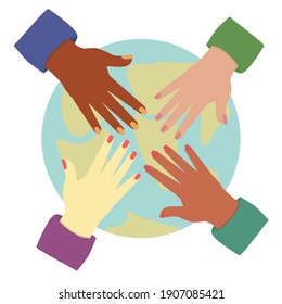 Illustration of four human hands from different ethnic groups on the background of planet earth