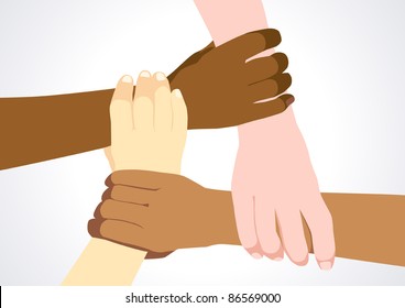 Illustration of four human hands from different ethnics holding each other