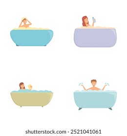 Illustration of four individuals in bathtubs with bubbles, relaxing and performing different activities