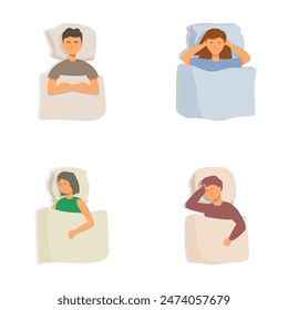 Illustration of four individuals each sleeping in a unique position in bed