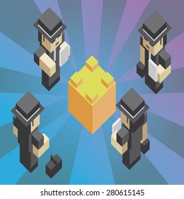 Illustration of four intelligence agents looking a piece of computer code, in isometric old video game style. The grunge texture is removable from the background.