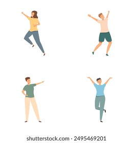 Illustration of four joyful people in casual clothing jumping and celebrating with excitement