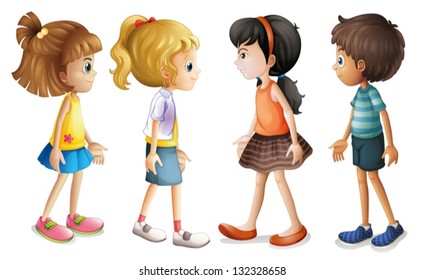 Illustration of the four kids facing each other on a white background