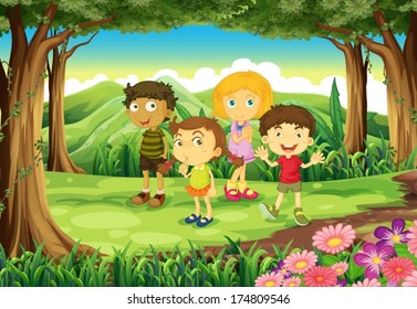 Illustration Four Kids Forest Stock Vector (Royalty Free) 174809546 ...