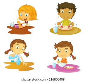 illustration of four kids having food on white background