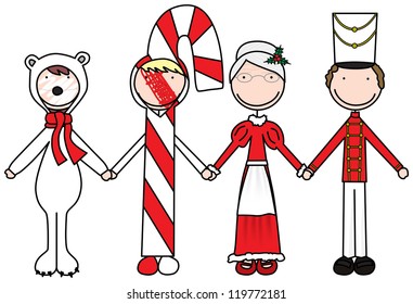 Illustration of four kids holding hand in Christmas costumes