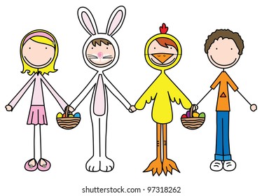 Illustration of four kids holding hand celebrating Easter