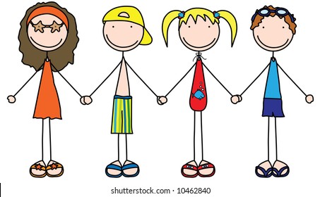 Illustration of four kids holding hands in summer clothes