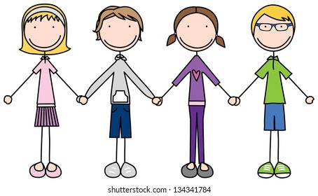 Illustration Of Four Kids Holding Hands