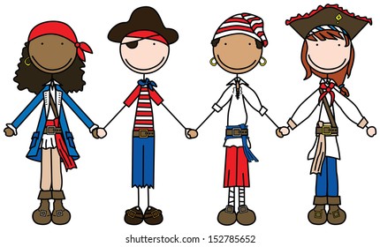 Illustration of four kids holding hands dressed as pirates