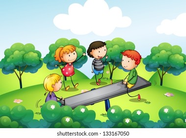 Illustration of the four kids playing with the seesaw at the hill