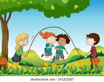 Illustration of the four kids playing under the tree