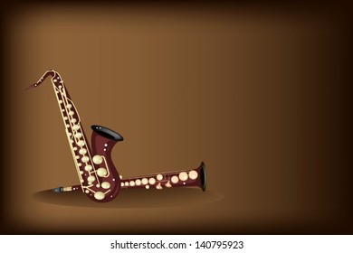 An Illustration Four Kind of Saxophone, Soprano Saxophone, Alto Saxophone, Baritone Saxophone and Tenor Saxophone on Beautiful Vintage Dark Brown Background with Copy Space for Text Decorated  