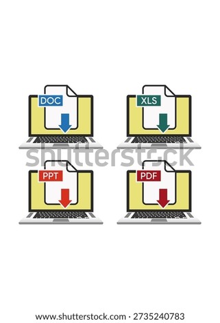 Illustration of four laptops each displaying a download icon for different file types DOC, XLS, PPT, and PDF.