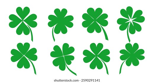 
illustration of a four leaf green clover on a white background.
Set of four leaf clover icons in flat style. four leaf clover.