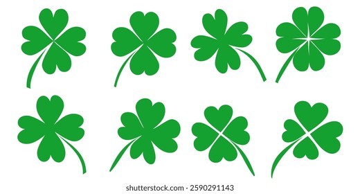 
illustration of a four leaf green clover on a white background.
Set of four leaf clover icons in flat style. four leaf clover.