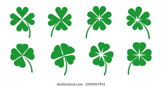 illustration of a four leaf green clover on a white background.
Set of four leaf clover icons in flat style. four leaf clover.