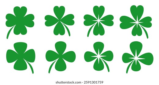 illustration of a four leaf green clover on a white background.
Set of four leaf clover icons in flat style. four leaf clover.