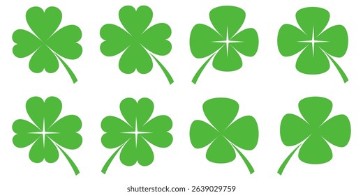 illustration of a four leaf green clover on a white background.
Set of four leaf clover icons in flat style. four leaf clover.