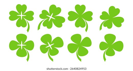 illustration of a four leaf green clover on a white background.
Set of four leaf clover icons in flat style. four leaf clover.