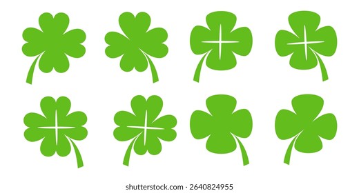 illustration of a four leaf green clover on a white background.
Set of four leaf clover icons in flat style. four leaf clover.