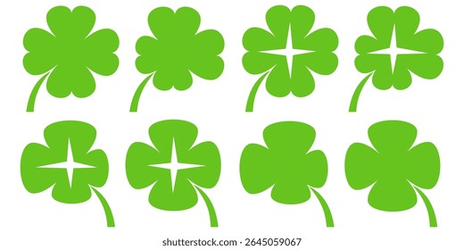 ilustração de um trevo verde de quatro folhas sobre um fundo branco.
Conjunto de ícones de trevo de quatro folhas em estilo plano. trevo de quatro folhas.