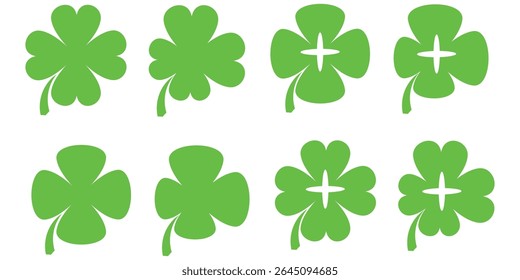 ilustração de um trevo verde de quatro folhas sobre um fundo branco.
Conjunto de ícones de trevo de quatro folhas em estilo plano. trevo de quatro folhas.