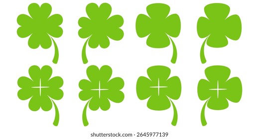 ilustração de um trevo verde de quatro folhas sobre um fundo branco.
Conjunto de ícones de trevo de quatro folhas em estilo plano. trevo de quatro folhas.