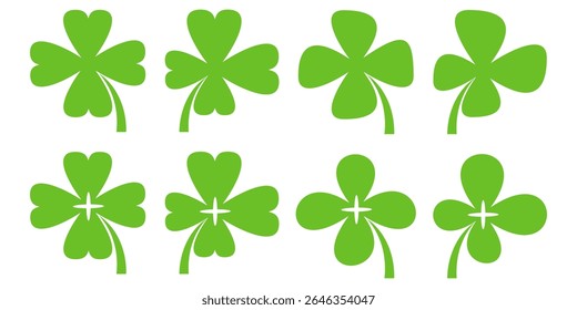 ilustração de um trevo verde de quatro folhas sobre um fundo branco.
Conjunto de ícones de trevo de quatro folhas em estilo plano. trevo de quatro folhas.