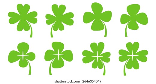 ilustração de um trevo verde de quatro folhas sobre um fundo branco.
Conjunto de ícones de trevo de quatro folhas em estilo plano. trevo de quatro folhas.