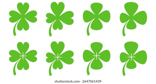 illustration of a four leaf green clover on a white background.
Set of four leaf clover icons in flat style. four leaf clover.