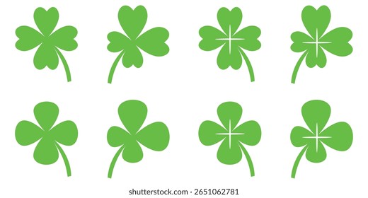 illustration of a four leaf green clover on a white background.
Set of four leaf clover icons in flat style. four leaf clover.