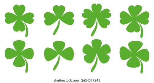 Ilustración de un trébol verde de cuatro hojas sobre un fondo blanco.
Conjunto de cuatro iconos de trébol de hojas en estilo plano. trébol de cuatro hojas.