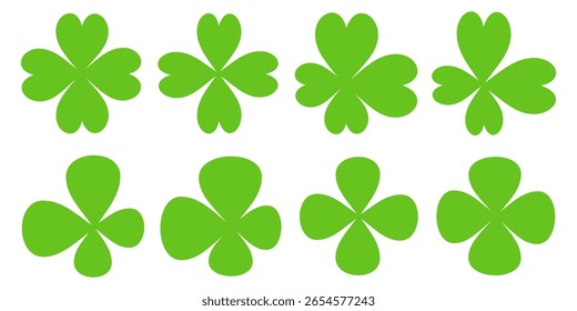 Ilustración de un trébol verde de cuatro hojas sobre un fondo blanco.
Conjunto de cuatro iconos de trébol de hojas en estilo plano. trébol de cuatro hojas.