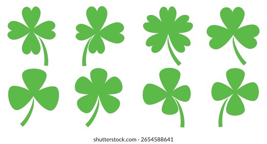 Ilustración de un trébol verde de cuatro hojas sobre un fondo blanco.
Conjunto de cuatro iconos de trébol de hojas en estilo plano. trébol de cuatro hojas.