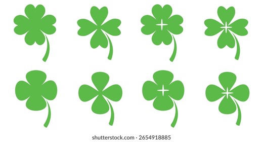 Ilustración de un trébol verde de cuatro hojas sobre un fondo blanco.
Conjunto de cuatro iconos de trébol de hojas en estilo plano. trébol de cuatro hojas.