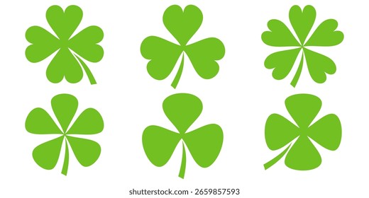 ilustração de um trevo verde de quatro folhas sobre um fundo branco.
Conjunto de ícones de trevo de quatro folhas em estilo plano. trevo de quatro folhas.