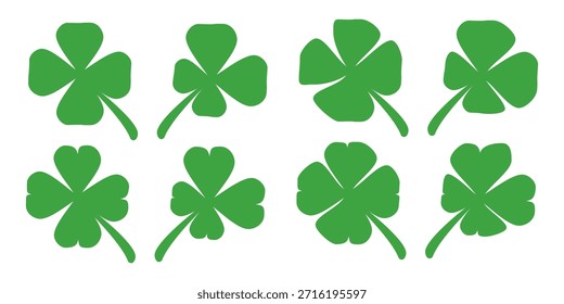 Ilustración de un trébol verde de cuatro hojas sobre un fondo blanco.
Conjunto de cuatro iconos de trébol de hojas en estilo plano. trébol de cuatro hojas.