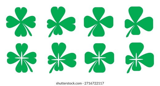 Ilustración de un trébol verde de cuatro hojas sobre un fondo blanco.
Conjunto de cuatro iconos de trébol de hojas en estilo plano. trébol de cuatro hojas.