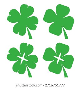 Ilustración de un trébol verde de cuatro hojas sobre un fondo blanco.
Conjunto de cuatro iconos de trébol de hojas en estilo plano. trébol de cuatro hojas.