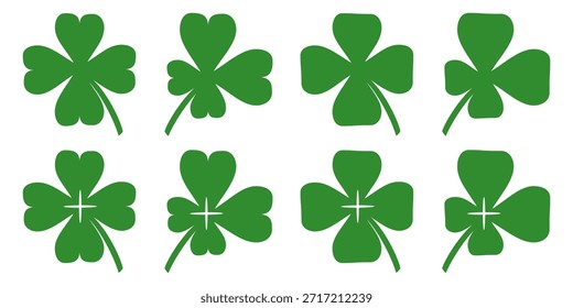 Ilustración de un trébol verde de cuatro hojas sobre un fondo blanco.
Conjunto de cuatro iconos de trébol de hojas en estilo plano. trébol de cuatro hojas.