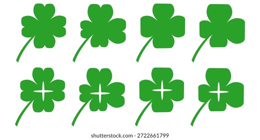 Ilustración de un trébol verde de cuatro hojas sobre un fondo blanco.
Conjunto de cuatro iconos de trébol de hojas en estilo plano. trébol de cuatro hojas.