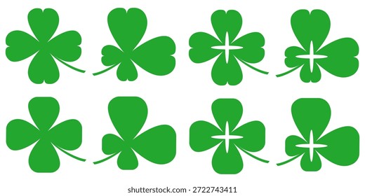Ilustración de un trébol verde de cuatro hojas sobre un fondo blanco.
Conjunto de cuatro iconos de trébol de hojas en estilo plano. trébol de cuatro hojas.