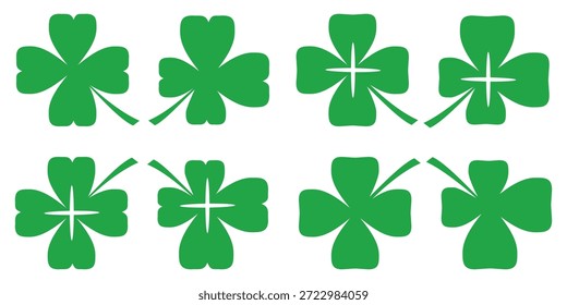 Ilustración de un trébol verde de cuatro hojas sobre un fondo blanco.
Conjunto de cuatro iconos de trébol de hojas en estilo plano. trébol de cuatro hojas.