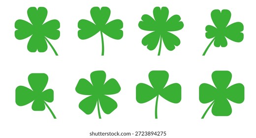 Ilustración de un trébol verde de cuatro hojas sobre un fondo blanco.
Conjunto de cuatro iconos de trébol de hojas en estilo plano. trébol de cuatro hojas.