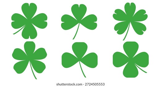 Ilustración de un trébol verde de cuatro hojas sobre un fondo blanco.
Conjunto de cuatro iconos de trébol de hojas en estilo plano. trébol de cuatro hojas.