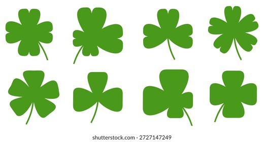 ilustração de um trevo verde de quatro folhas sobre um fundo branco.
Conjunto de ícones de trevo de quatro folhas em estilo plano. trevo de quatro folhas.
