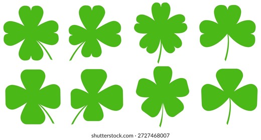 ilustração de um trevo verde de quatro folhas sobre um fundo branco.
Conjunto de ícones de trevo de quatro folhas em estilo plano. trevo de quatro folhas.