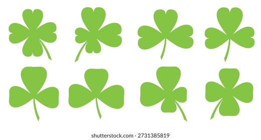 Ilustração de um trevo verde de quatro folhas em um fundo branco.
Conjunto de ícones de trevo de quatro folhas em estilo plano. trevo de quatro folhas.